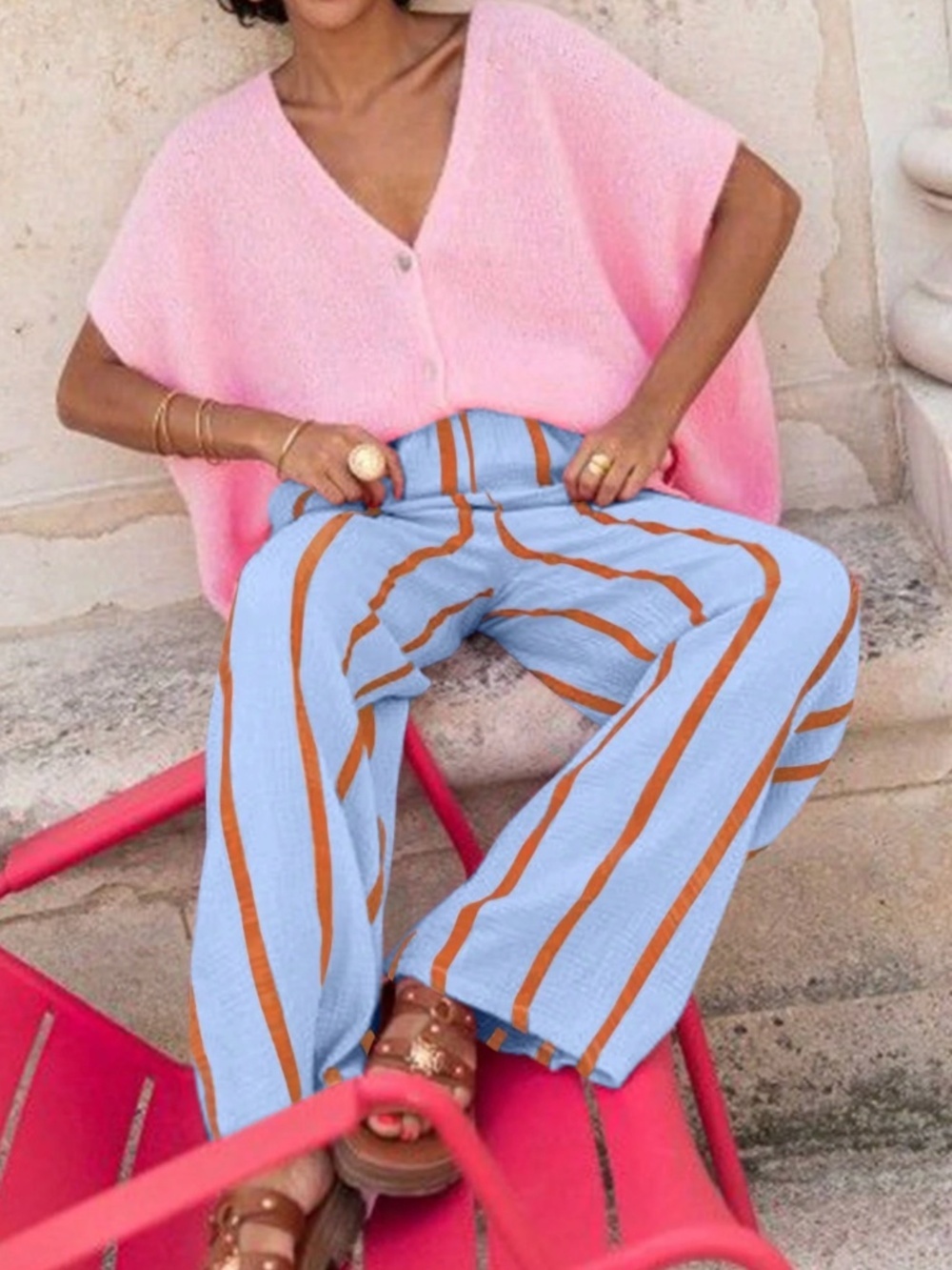 Blue Wide Trousers with Brown Stripes Elastic Waist Flowy and Light